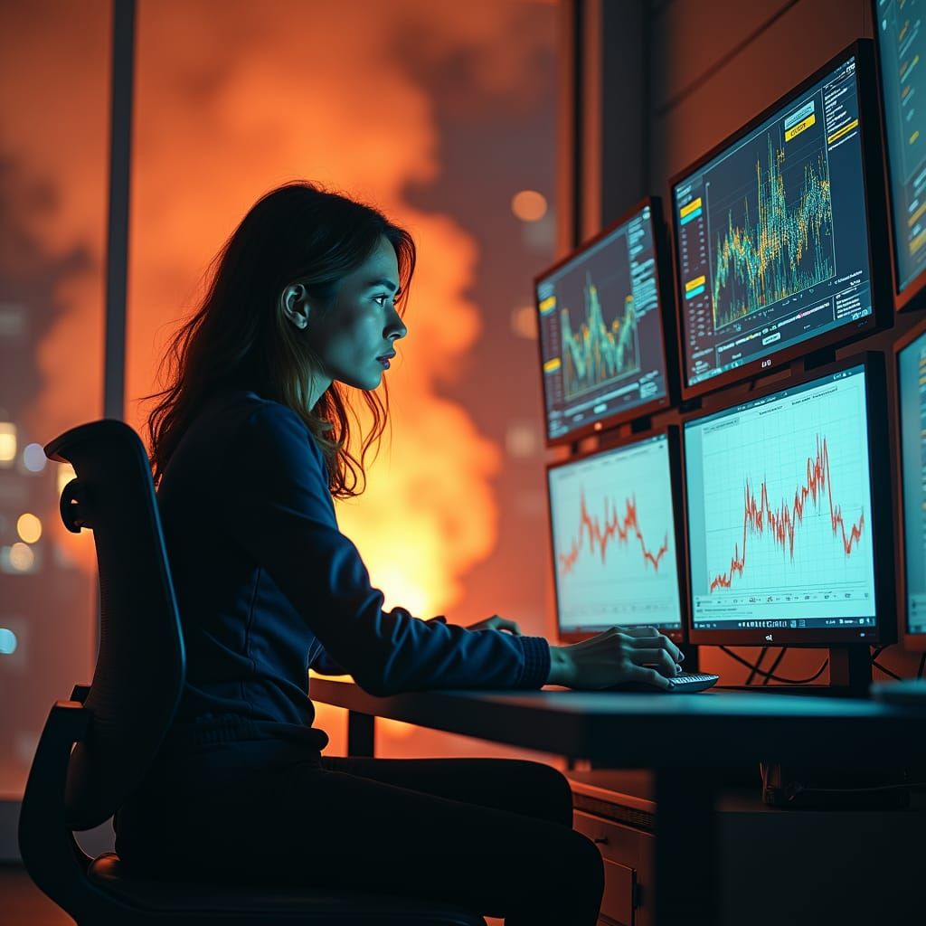 Worried Analyst in Burning Cyberpunk Control Room