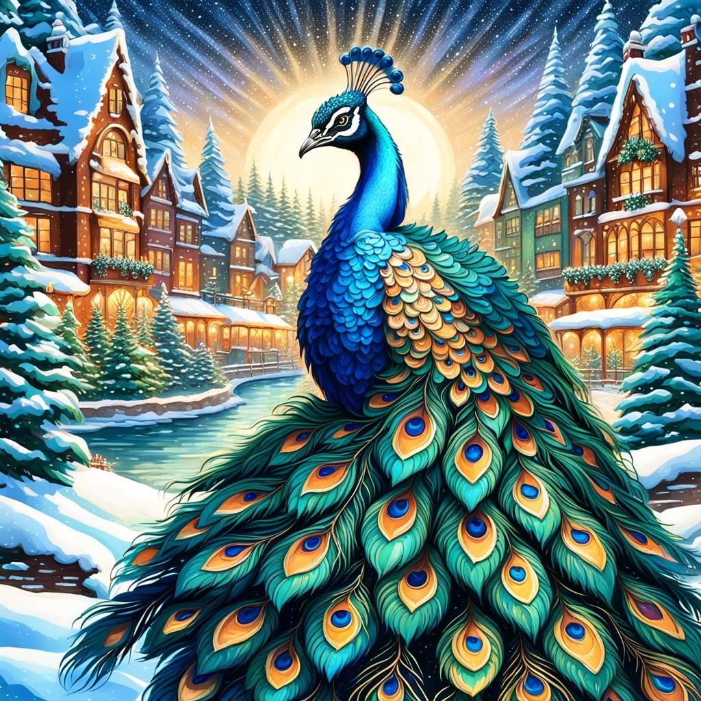 Christmas Peacock in Winter Wonderland: 32k Ultra Detail