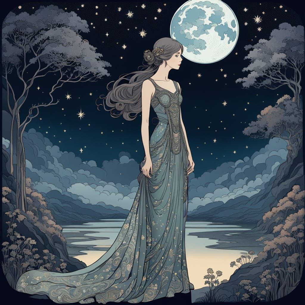 Elegant Woman Under Starry Sky in Art Nouveau Style