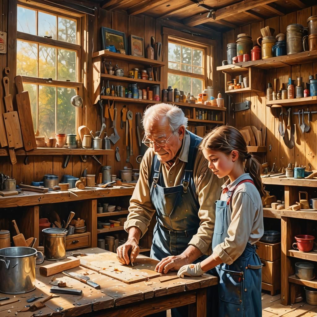 Americana Oil Painting: Grandfather and Granddaughter in Woo...