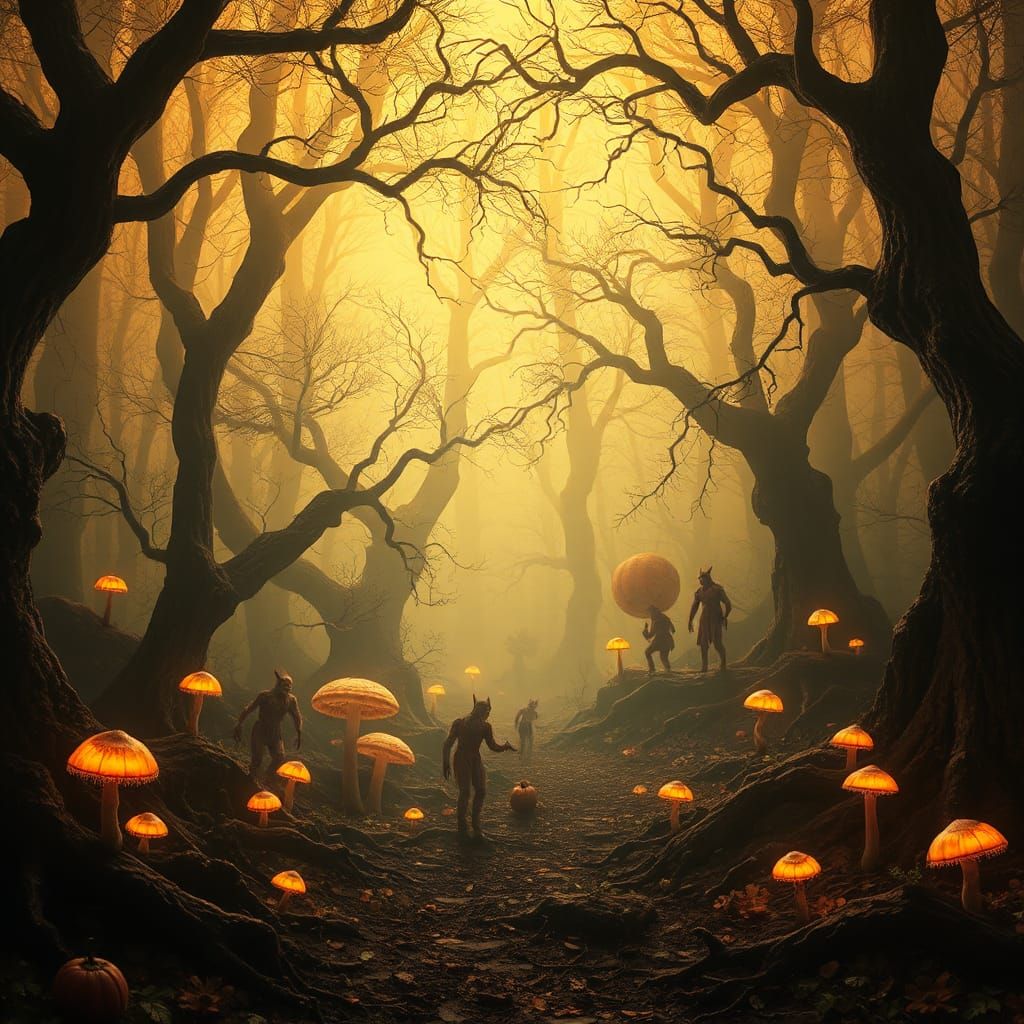 Mystical Halloween Forest with Ethereal Creatures