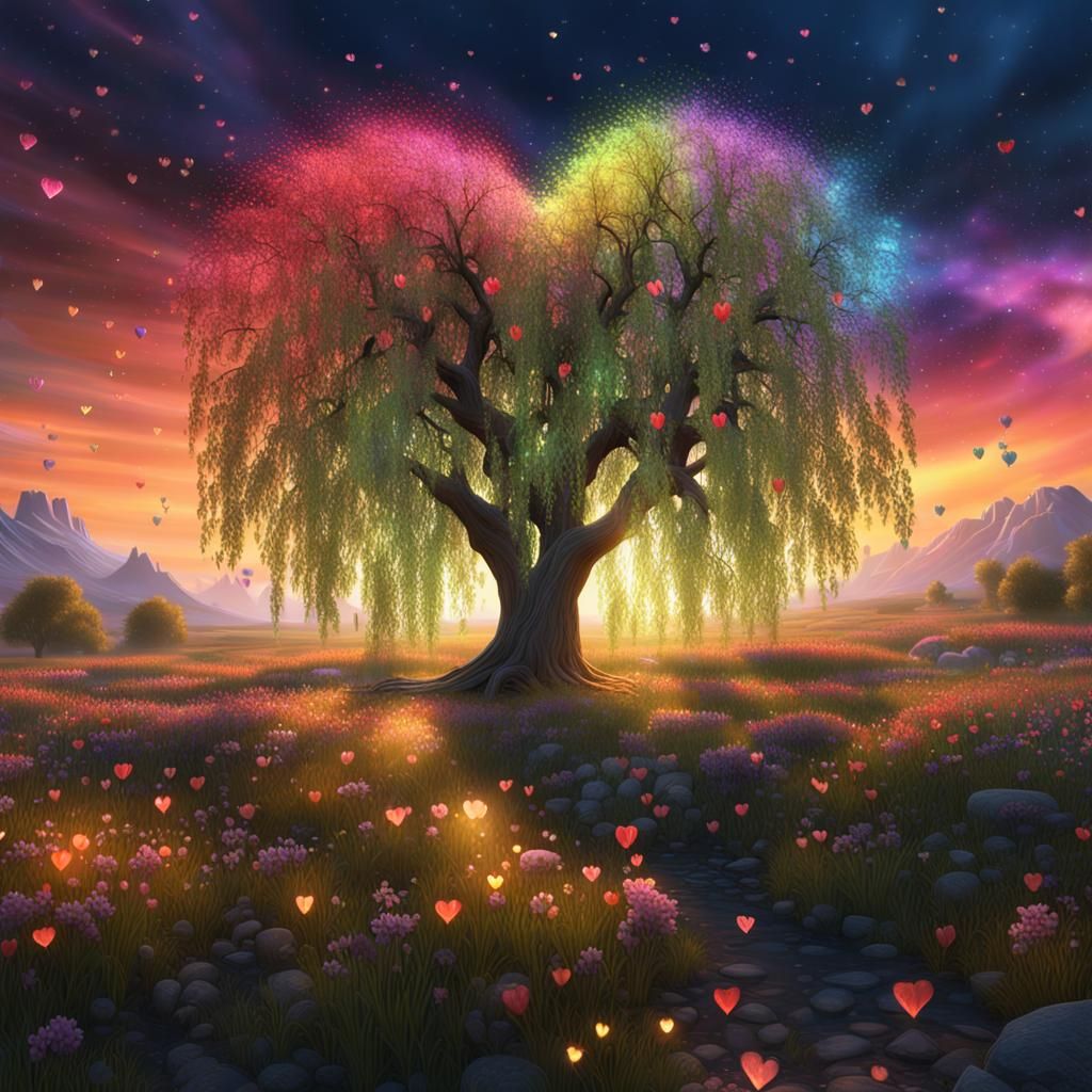 Heart Willow Under Aurora, Fantasy Art