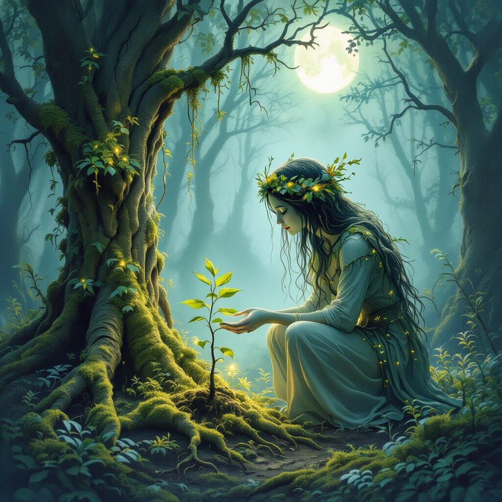 Ethereal Forest Spirit Tends Sapling in Moonlit Woods