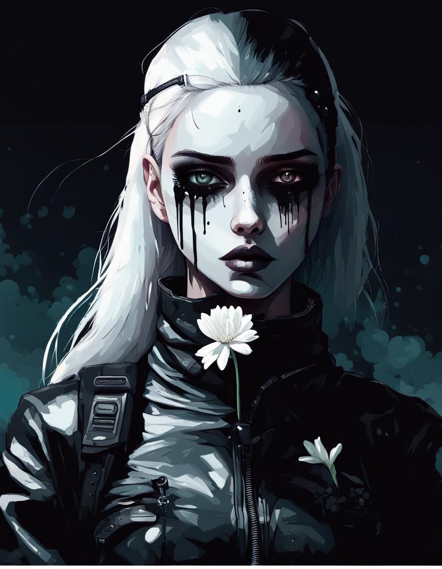 Contrasting colors woman in dystopian clothing with black combat boots holding white flower her eyes are all black and s...