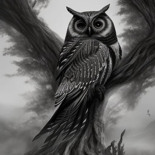 Detailed Tribal Owl in Black and White
