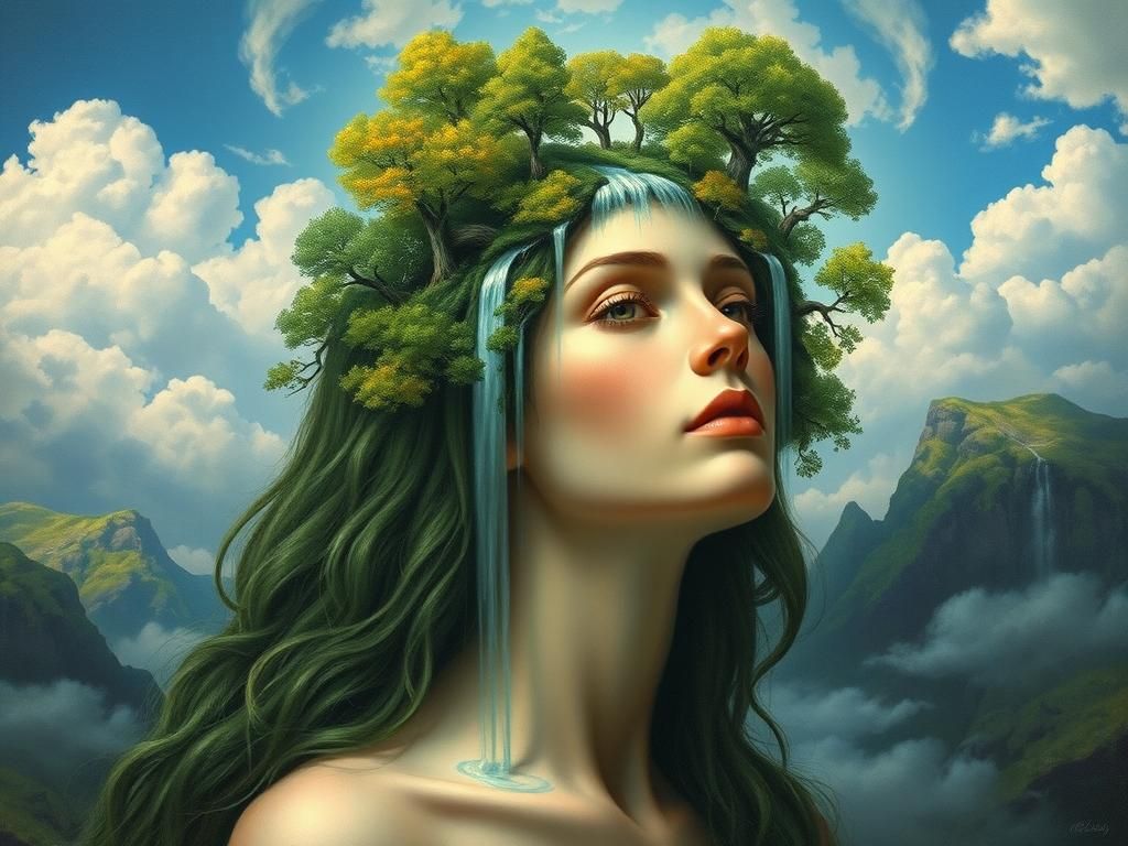 Woman with Waterfalls and Trees, Fantasy Art