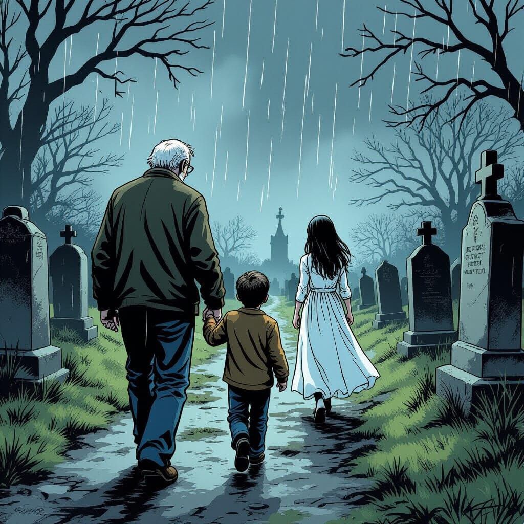 Spectral Girl Joins Man and Boy in Rainy Cemetery