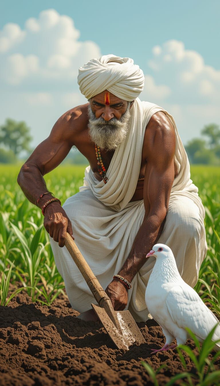 Indian Farmer and Giant Pigeon in Hyperrealistic Style