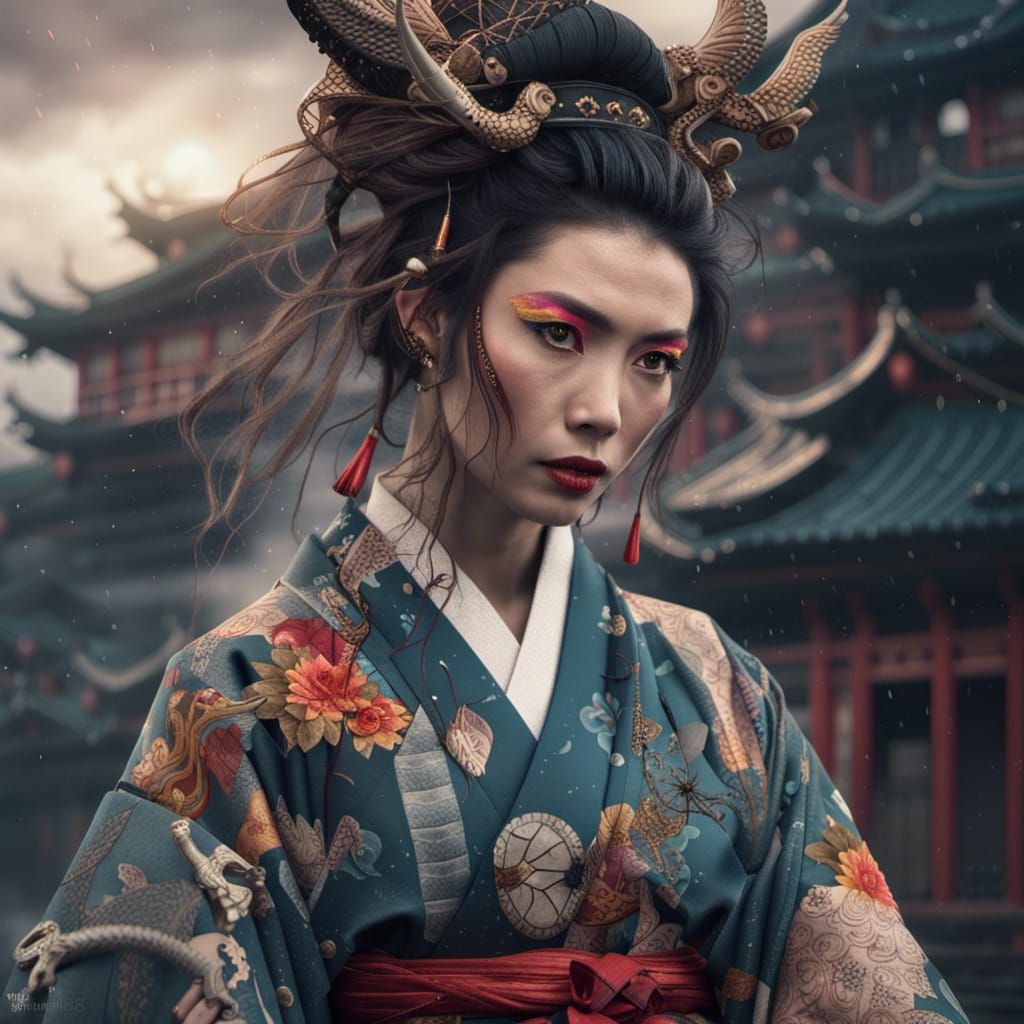 Fantasy Japanese Woman in Kimono with Dragons