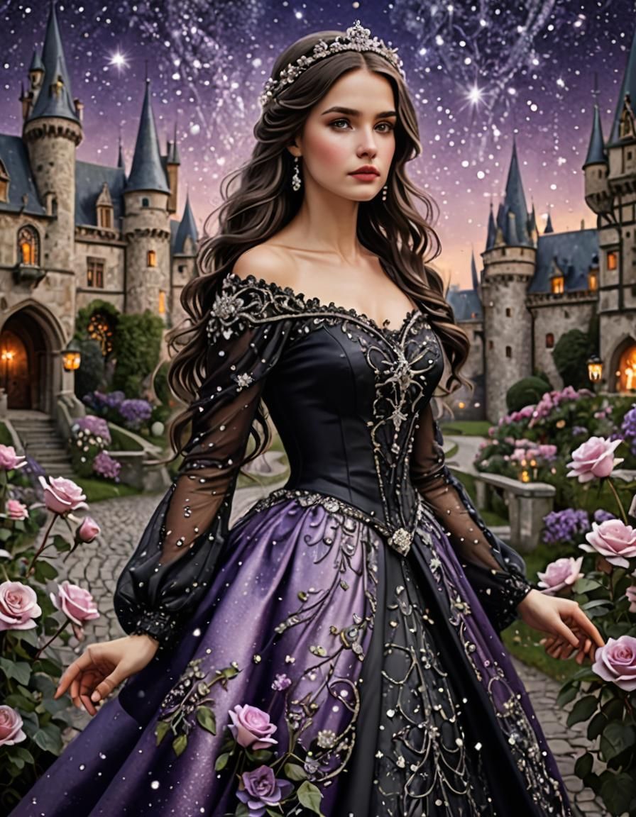 Magical Fairy with Long Black Hair and Castle