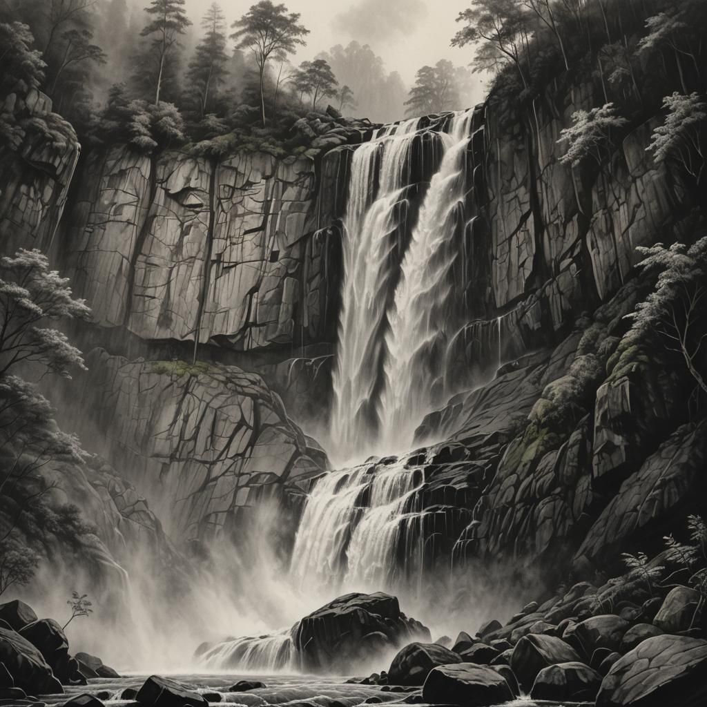 Majestic Mountain Waterfall in Hyperdetailed Charcoal Drawin...