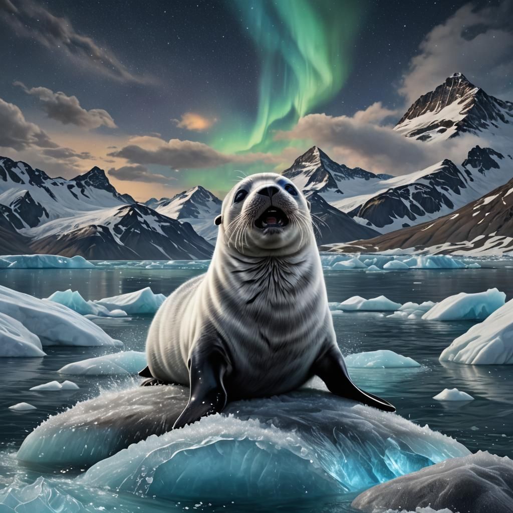 Baby Seal Gazes at Aurora Borealis in Photorealistic Style
