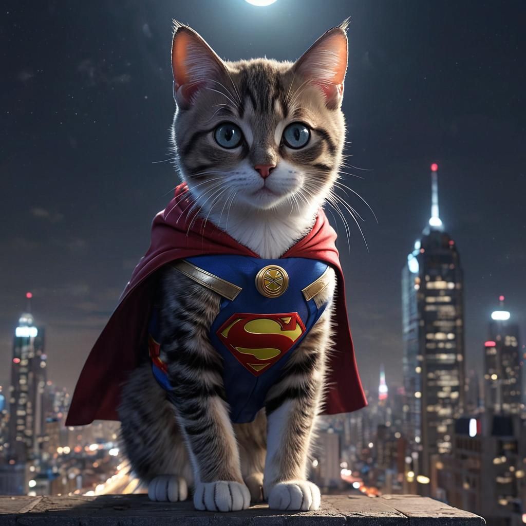Heroic Superman Cat on City Rooftop