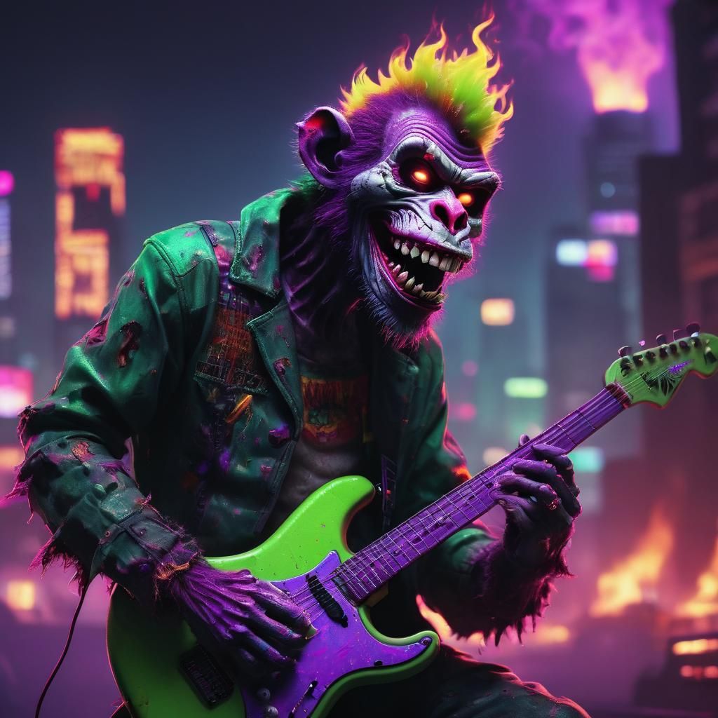 Synthwave Zombie Monkey Clown Plays Flaming Guitar