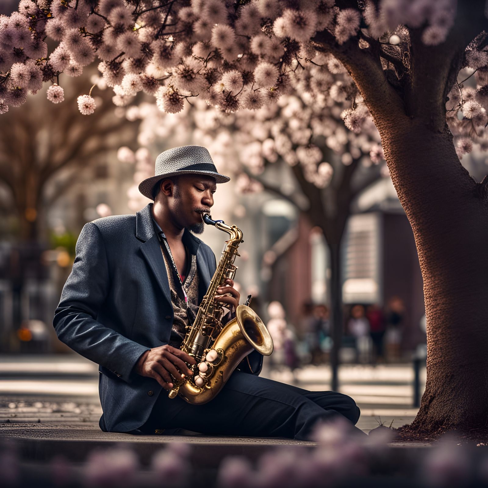 Man Plays Saxophone Under Blossoming Tree: Hyperrealistic HD...