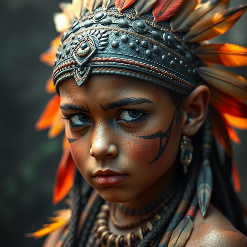 Surreal Tribal Warrior Portrait in Vibrant Triadic Colors