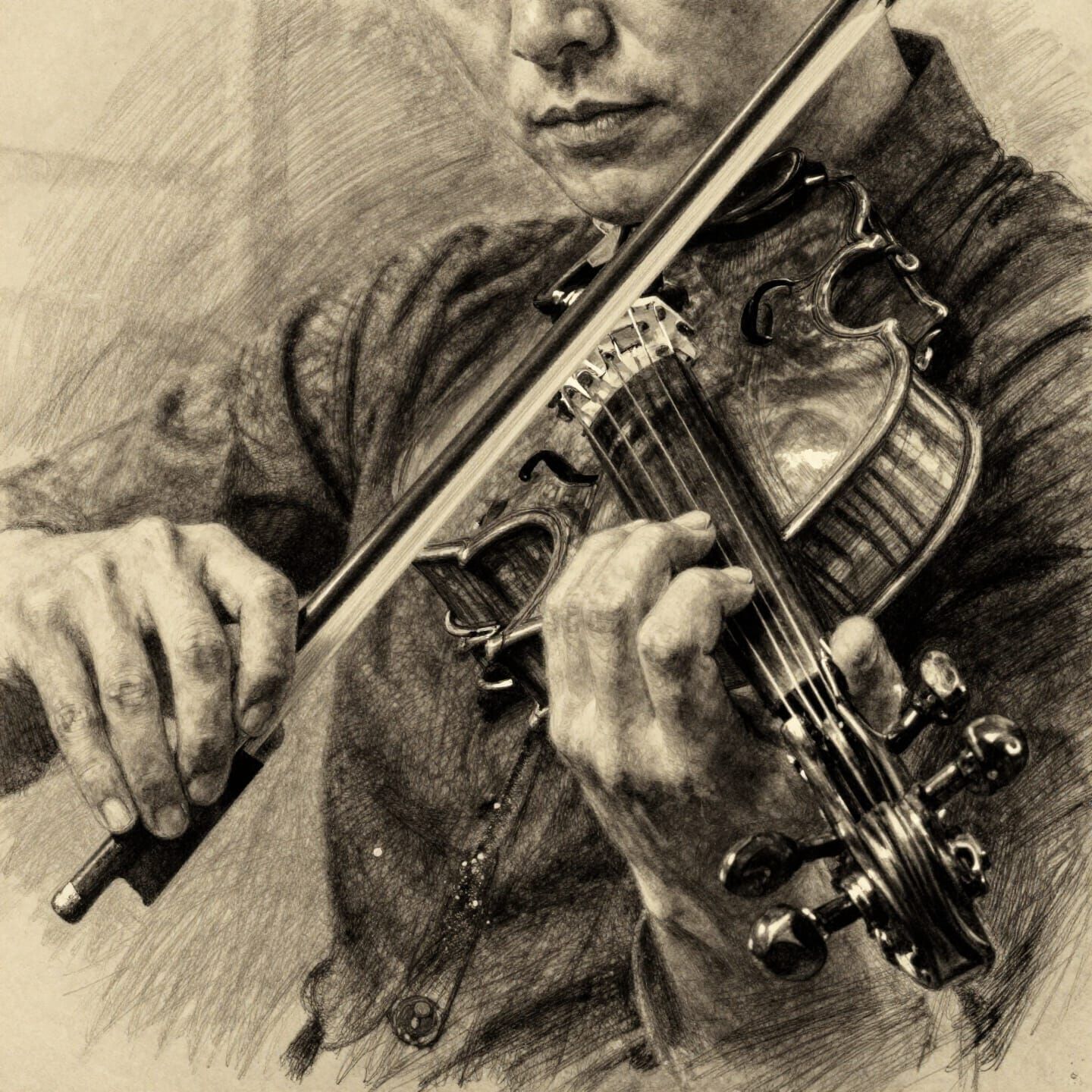 Intimate Charcoal Drawing of Violinist's Hands