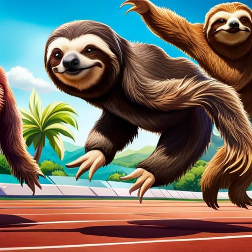 Hyperrealistic Sloths Race in Splash Art Style