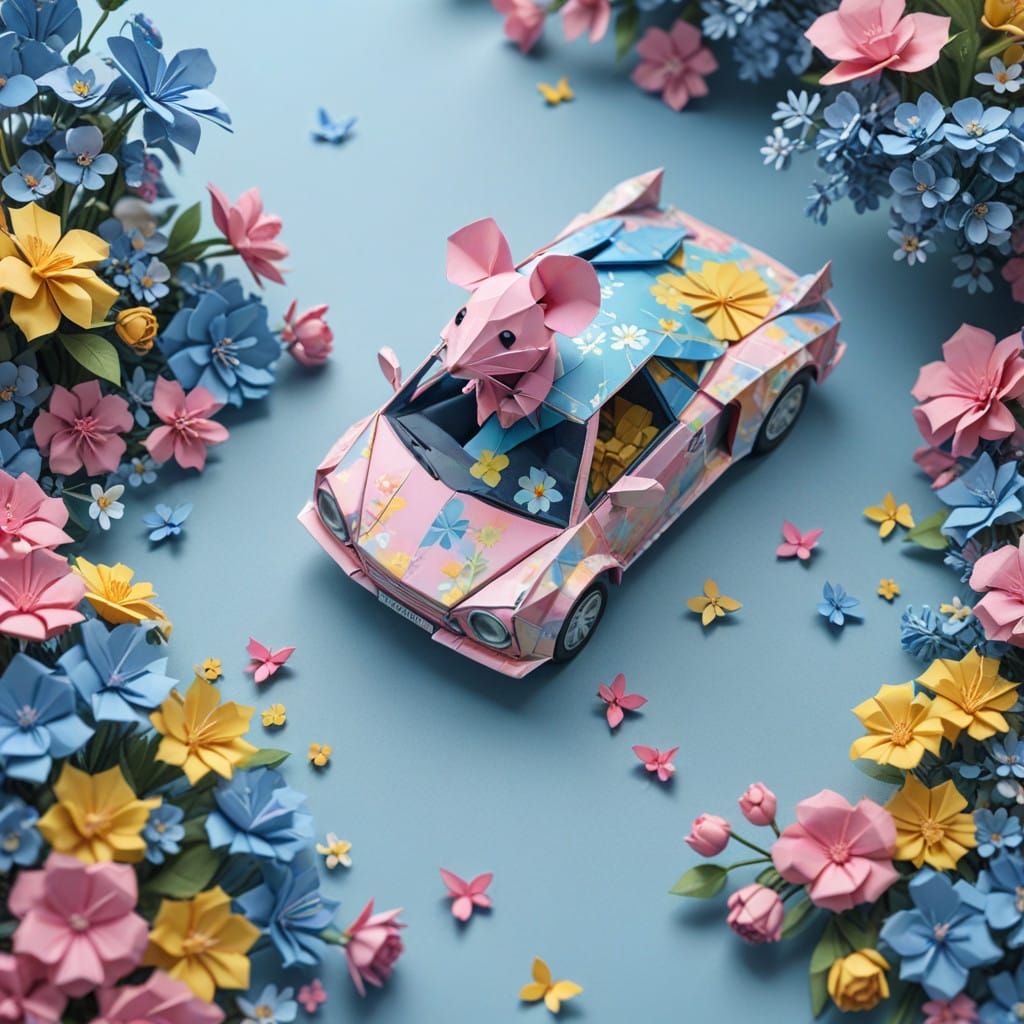 Origami Car in Whimsical Floral Garden