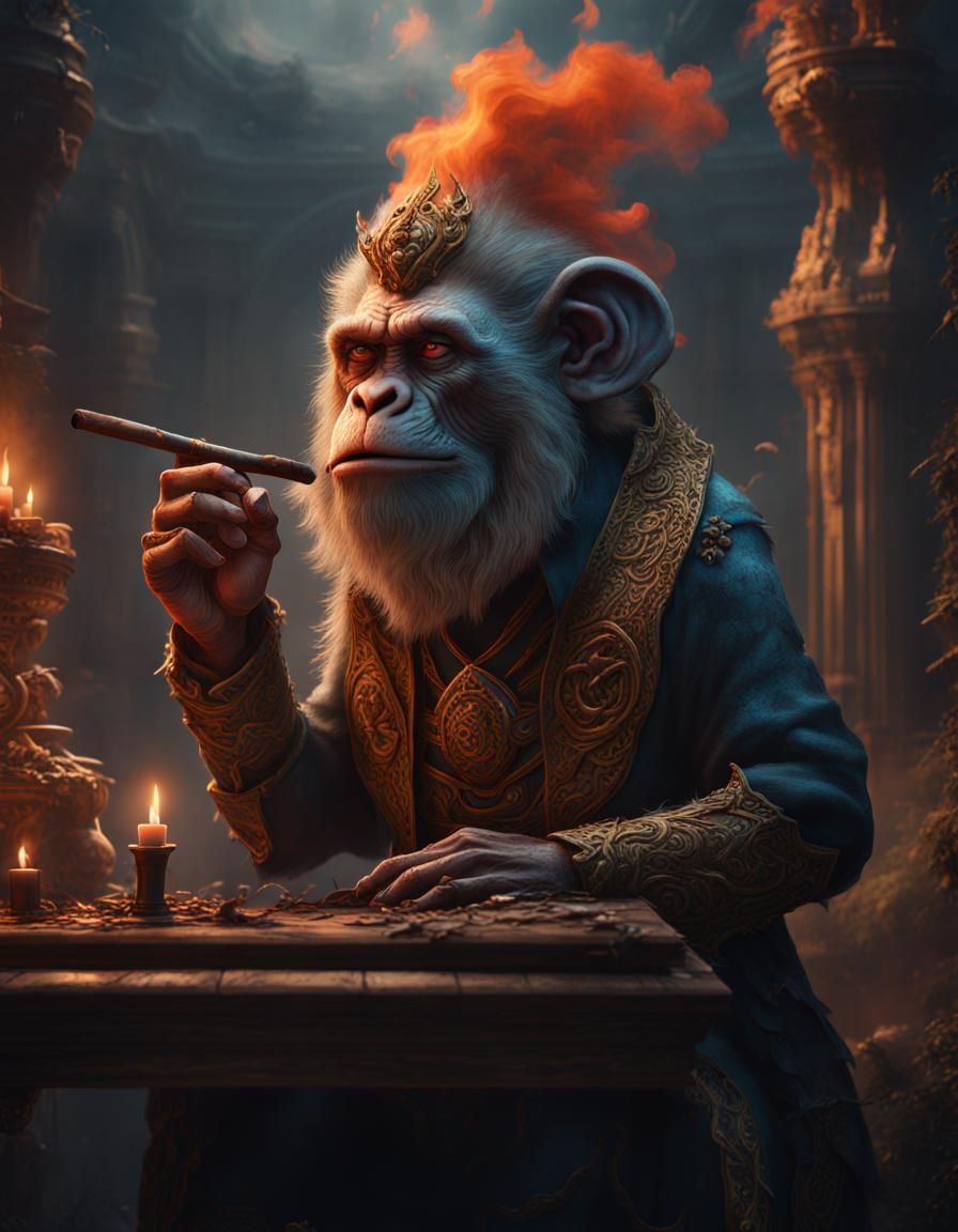 Monkey Smoking Cigar: Detailed Matte Painting