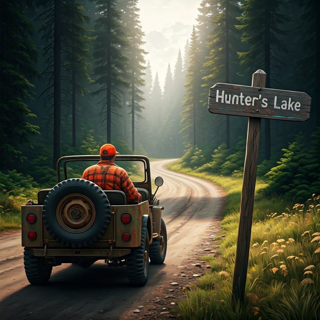 Hunter's Lake: Hyperrealistic Jeep Scene