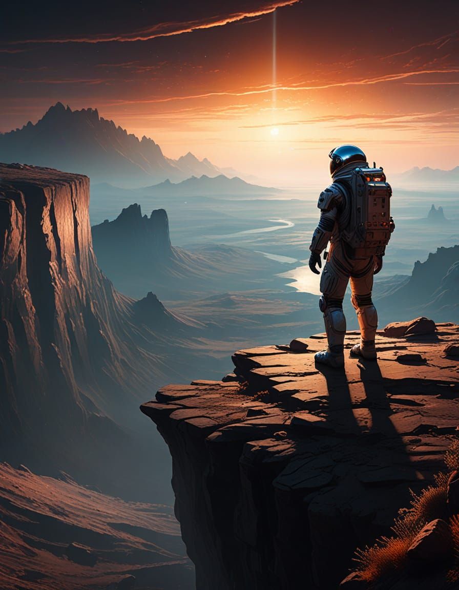 Realistic Sci-Fi Astronaut Contemplates Alien Landscape