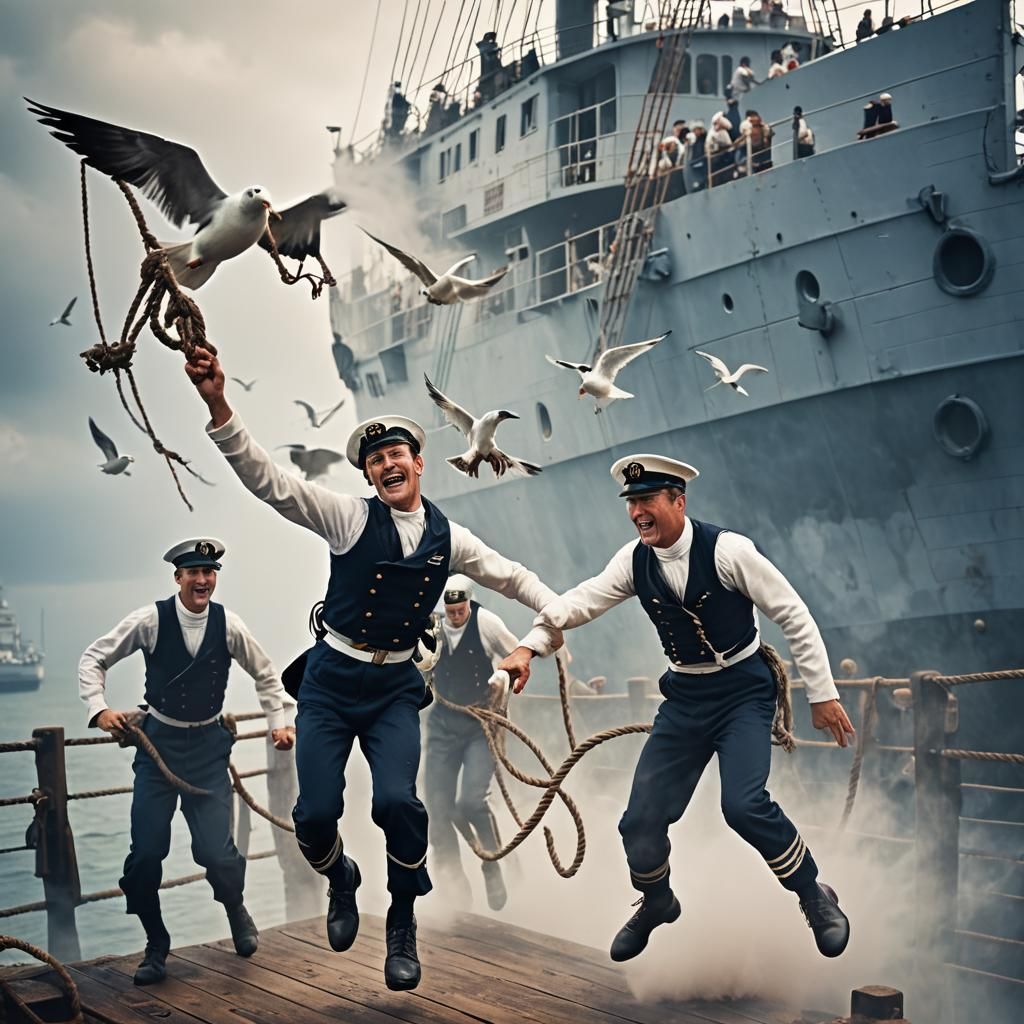Sailors Leap from Ship: Historic Naval Nostalgia