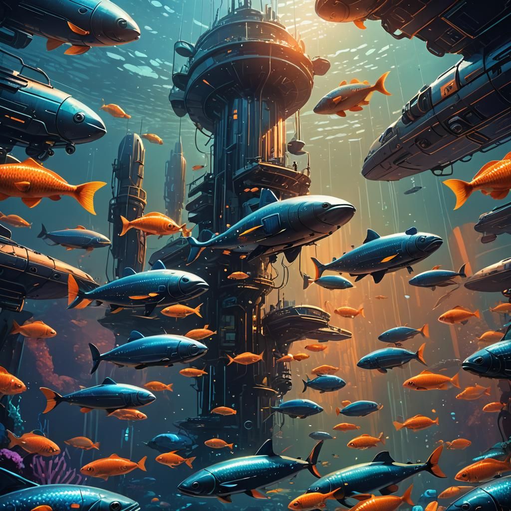 Futuristic Underwater Submarine with Iridescent Fish Scales