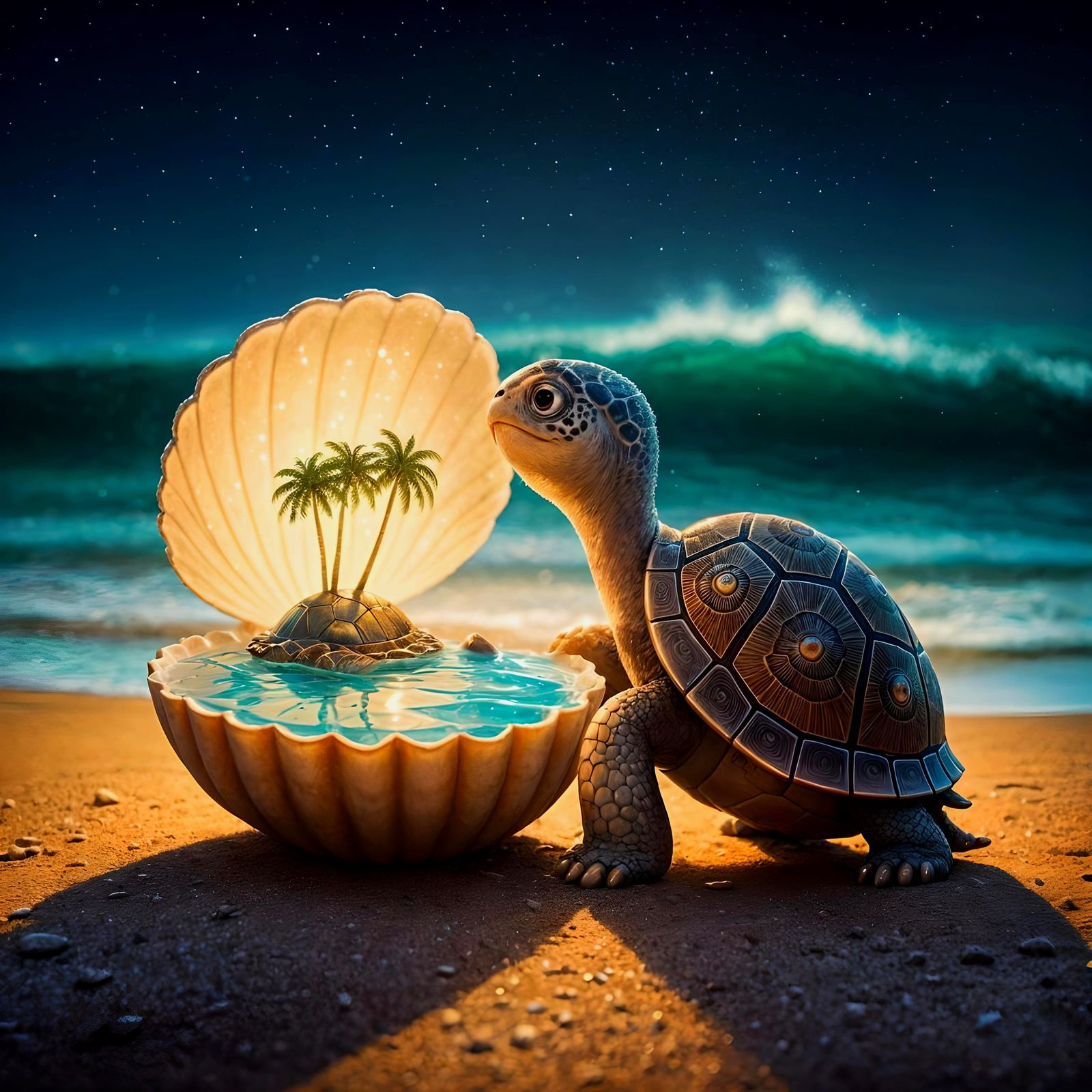Turtle Shell Reflecting Magical Beach, Illustrative Digital ...