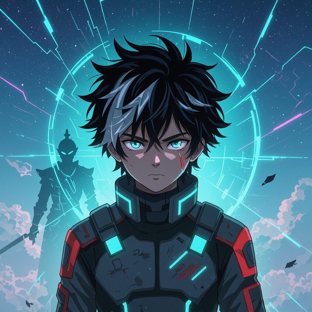 Anime Pilot with Silver Streaks in Neon Aura