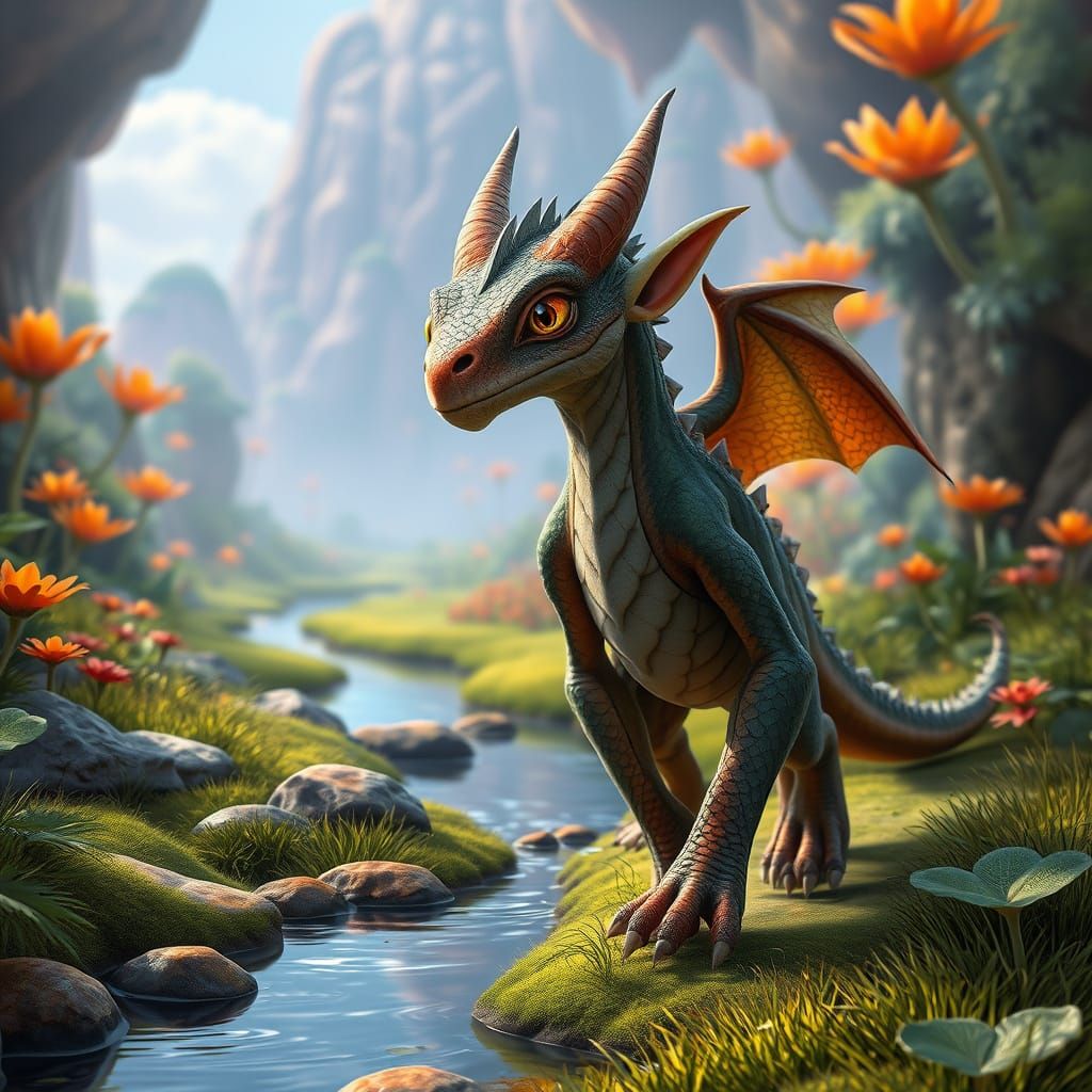 A masculine dragon-like humanoid being walking in a colorful fantasy landscape. This creature in the style of Flo 'n Ima...