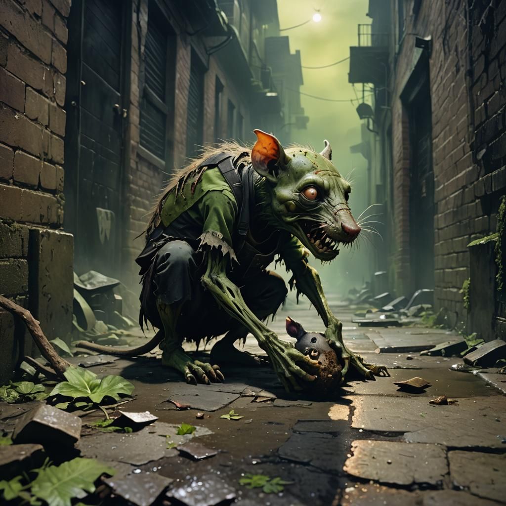 Zombie Child Consuming Rat in Dark Alleyway