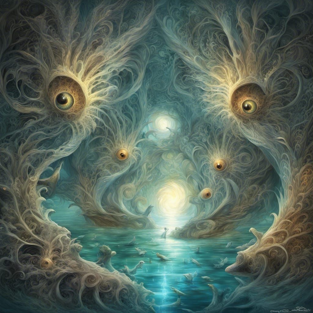 Mystical Fractal Landscape with Boats and Hybrid Creatures