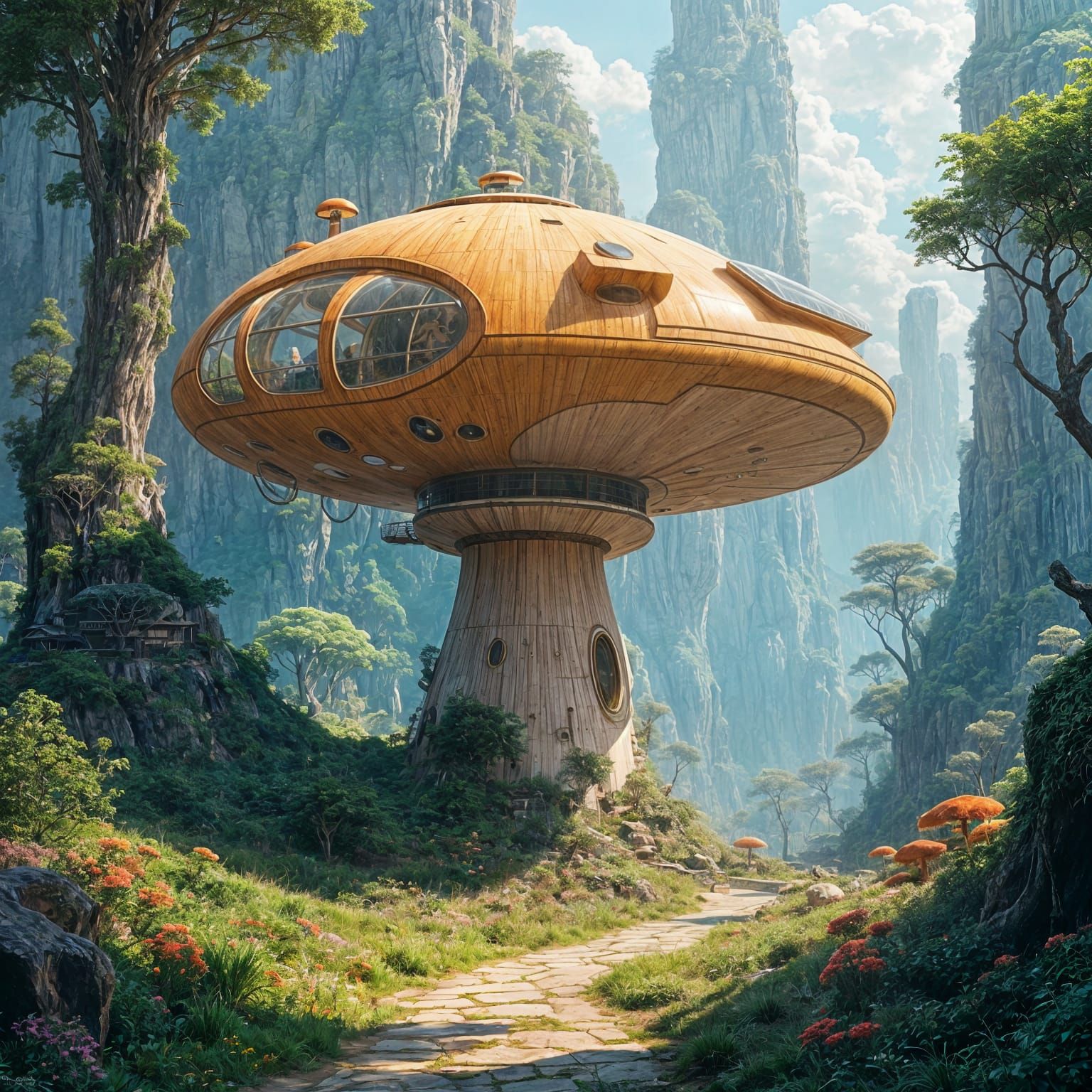 Futuristic Mobile Home on Bioluminescent Mushroom