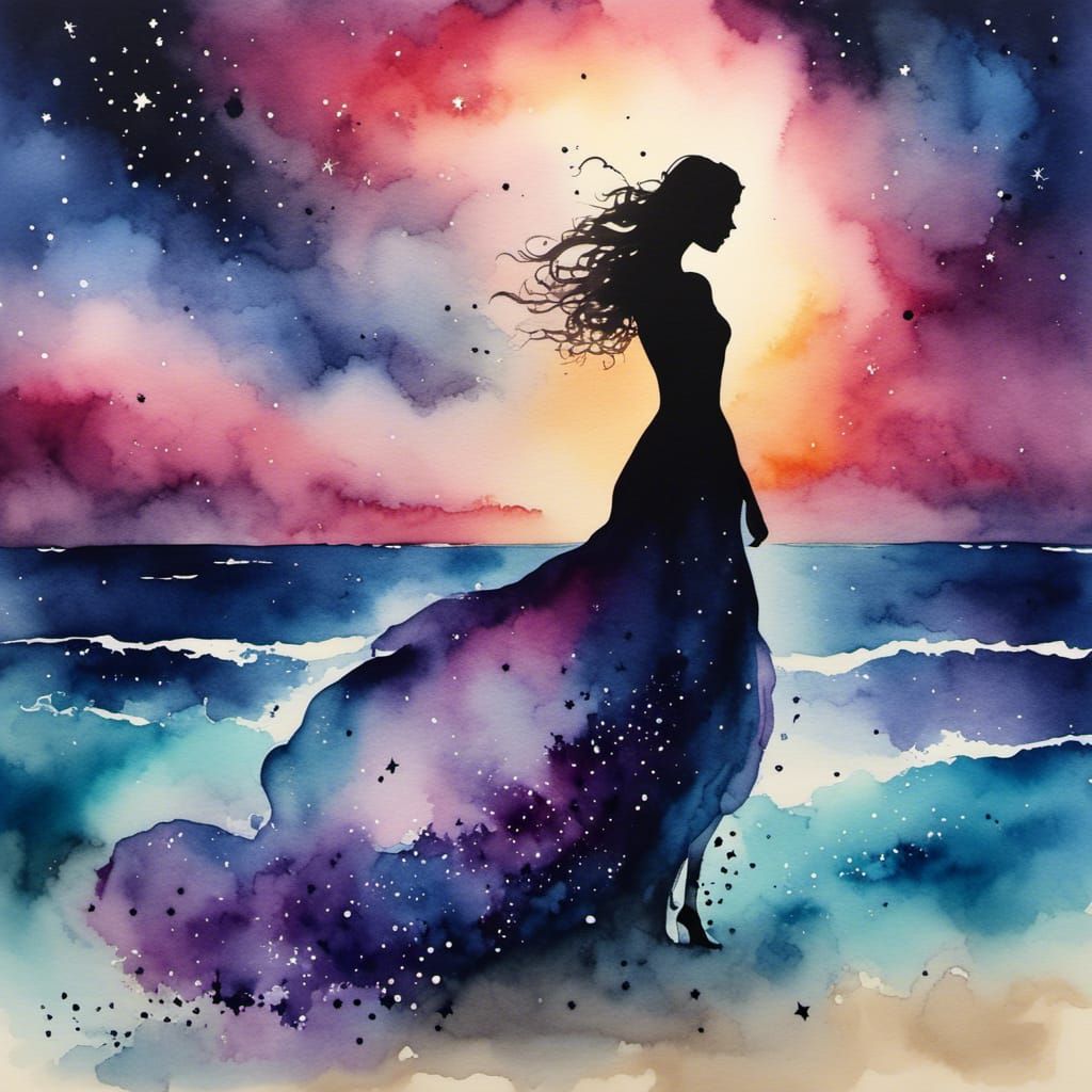 silhouette of a beautiful lady on a beach at night wearing a long flowing dress blowing in the wind : colorful mist : ba...