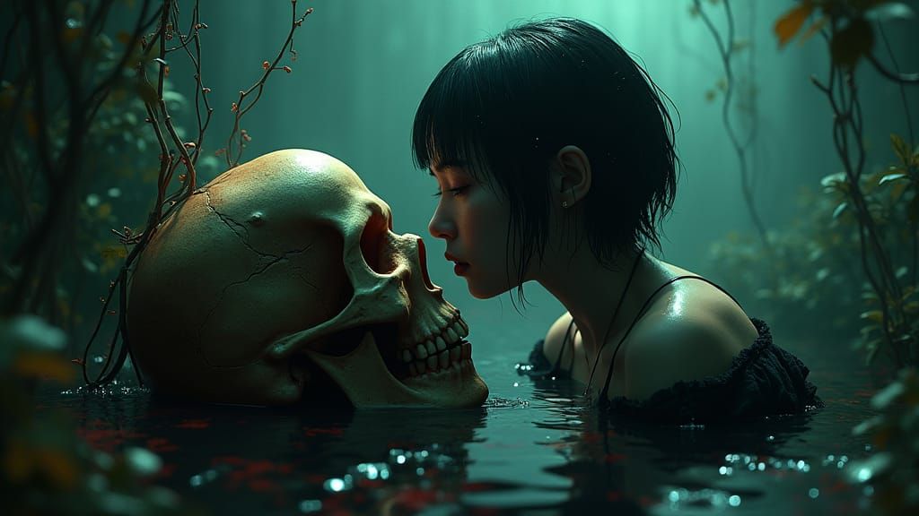 Mystical Underwater Scene with Woman and Skull