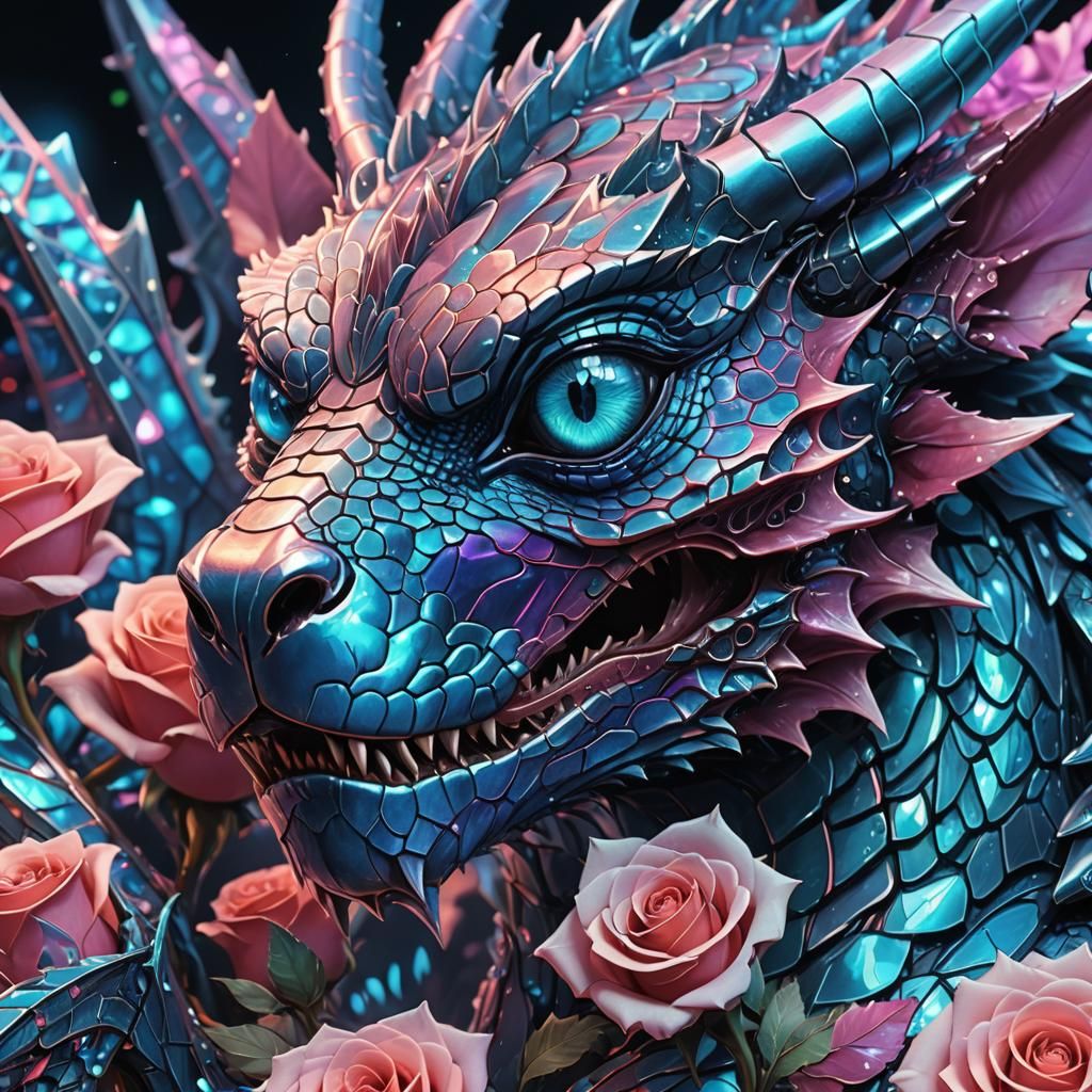 Cyberpunk Dragon in Rose with Zentangle Details