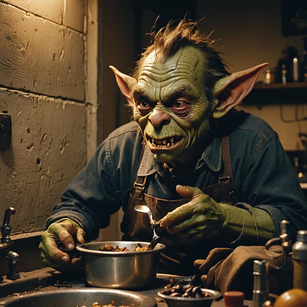 Goblin Plumber Eating: Cinematic Film Still
