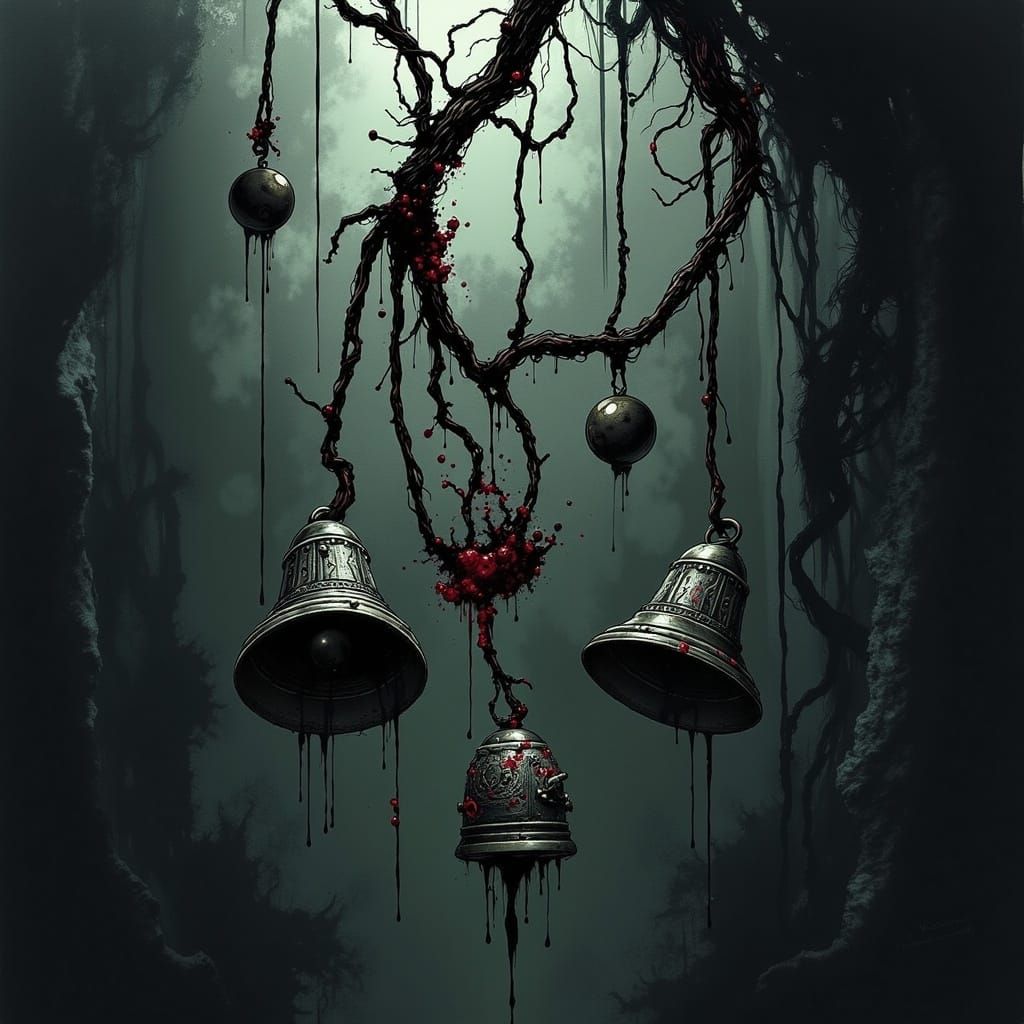 Ornate Bells Hang from Rusted Chain in Dark Fantasy Style