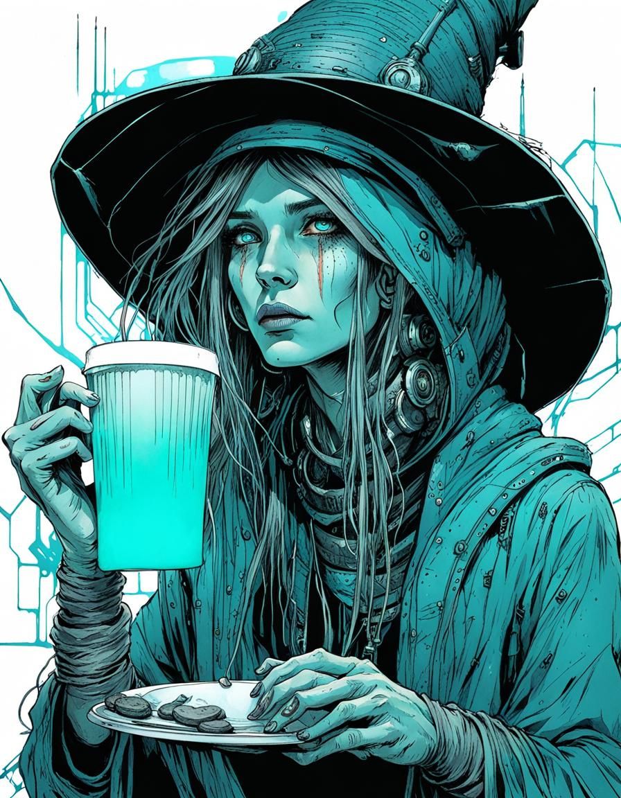 Retro-Futuristic Witch with Migraine in Sci-Fi Hospital