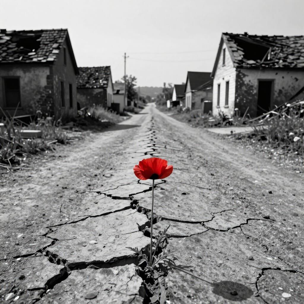 Monochromatic Ruined Village with Red Poppy