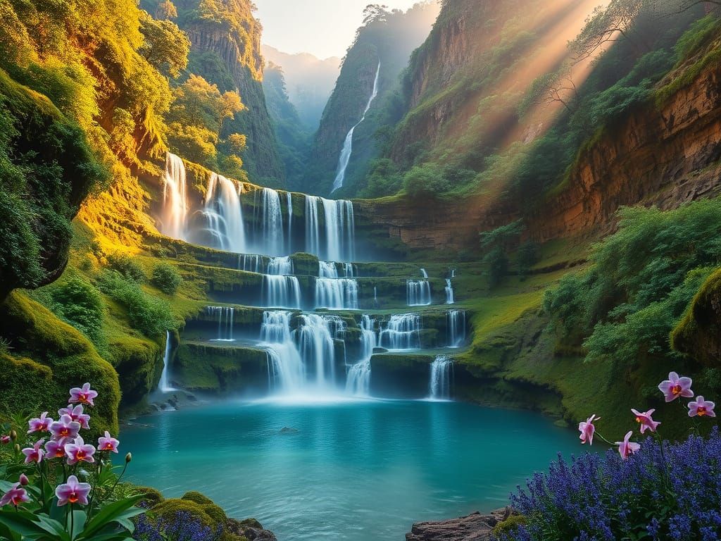 Dreamscape Waterfalls in Golden Hour Light