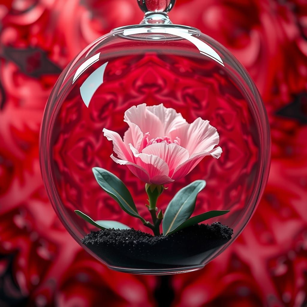 Carnation in Terrarium with Red Mandala, Fractal Art