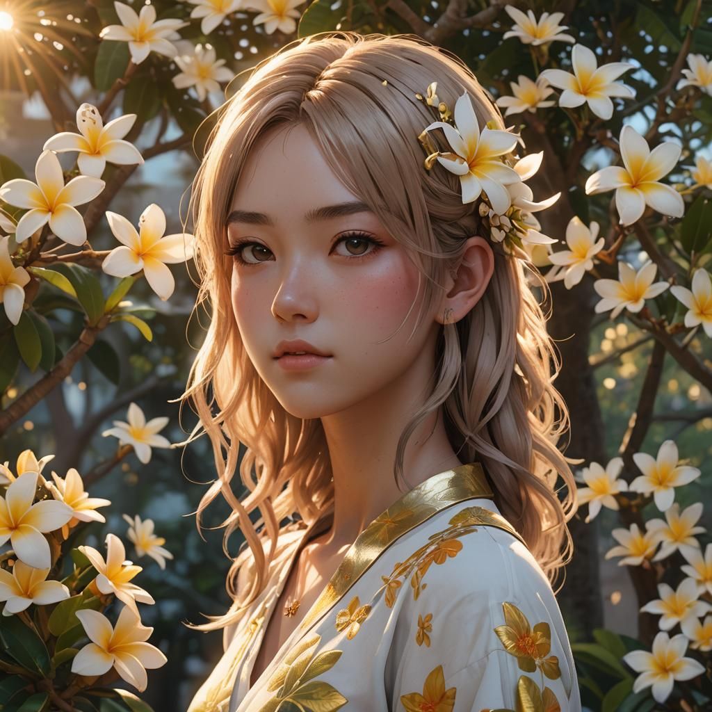 Girl with Plumeria Hair in Anime Style