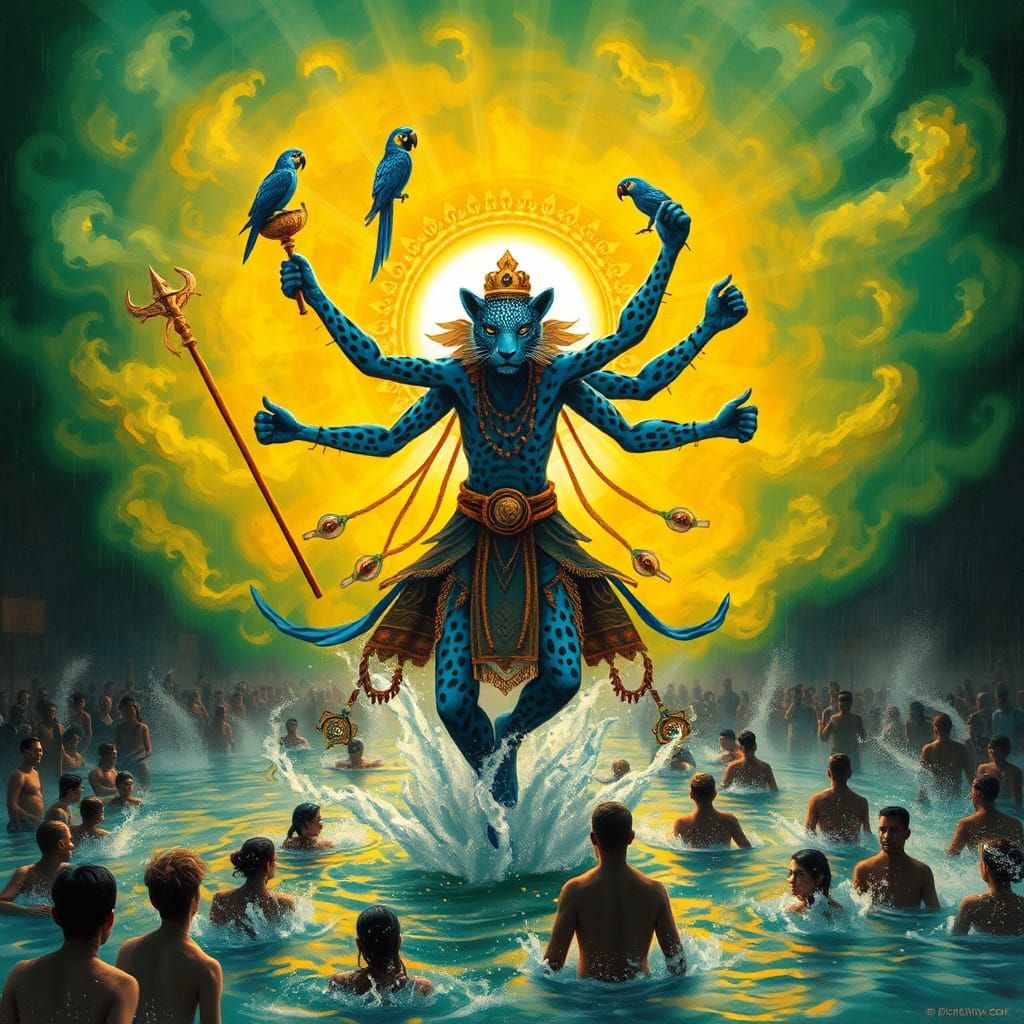 Mystical Blue Leopard Shaman Dances in Great Flood
