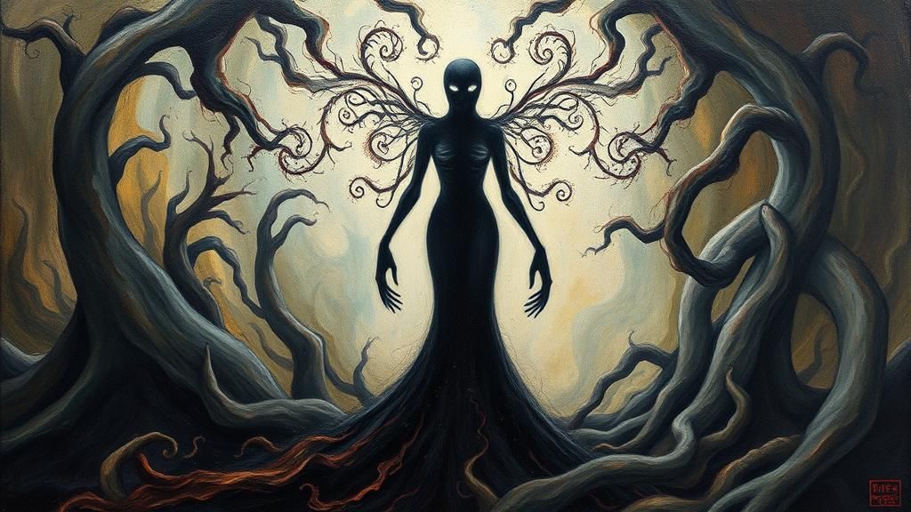 Mystical Figure in Surreal Abstract Landscape