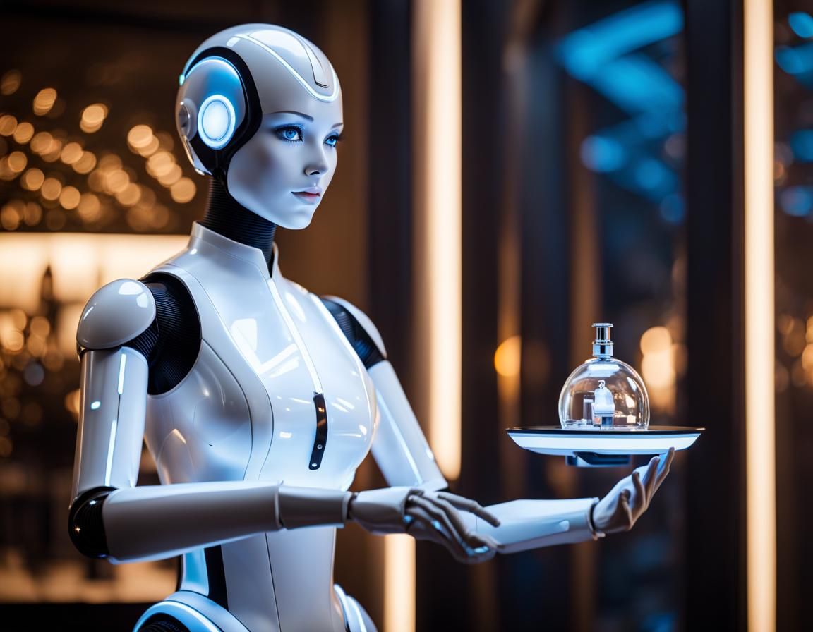 Futuristic Female Robot Butler in Magic Hour