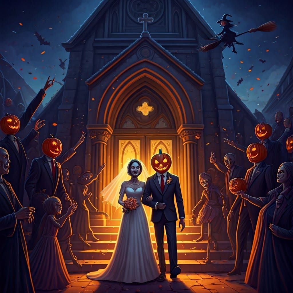 Halloween Wedding: Jack O'Lantern and Zombie Celebrate