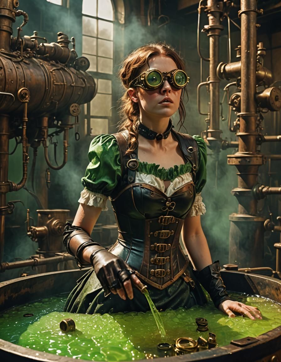 Steampunk adventuress drowning in a vat of glue