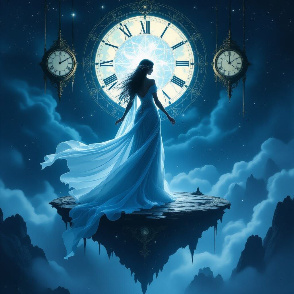 Time Goddess on Floating Island in Dark Fantasy Style